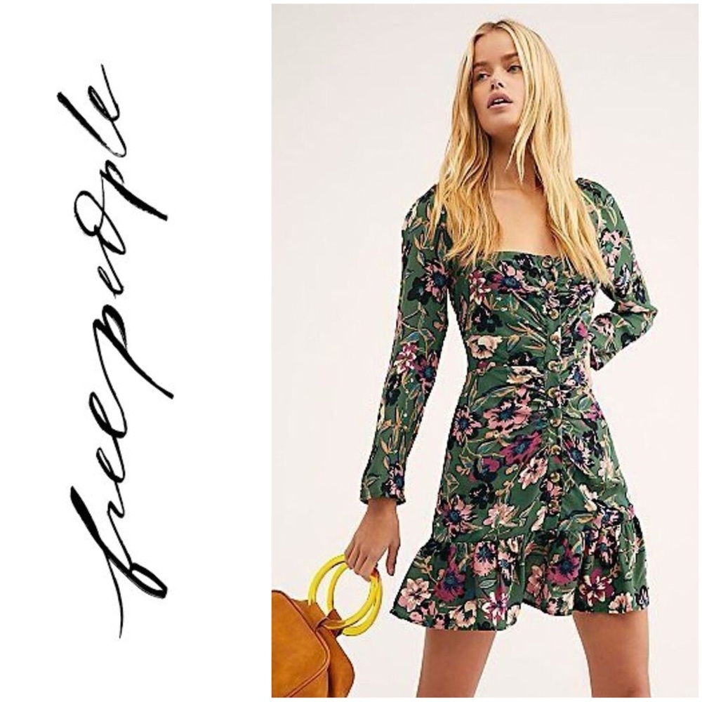 Free People Floral Square Neck Mini Dress Green Size Small